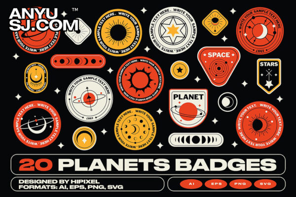 20款行星星球宇宙圆形logo徽标贴纸图标图形AI矢量设计套装Planets Badge Stickers