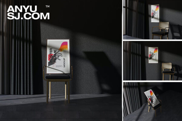 4款暗色黑夜室内客厅画框海报框架艺术品插画设计展示PSD样机Poster Frame Mockup