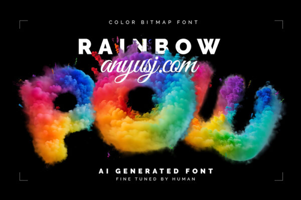 57款3D立体炫彩粉末英文大小写字母数字标点符号PNG免扣装饰字体设计元素套装Rainbow Pow – Color Bitmap Font