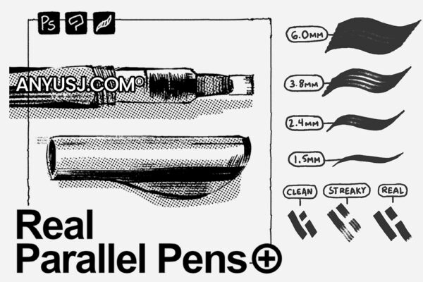 12款复古真实水墨艺术手绘钢笔Procreate＆PS＆CSP笔刷套装Real Parallel Pens-第5601期-