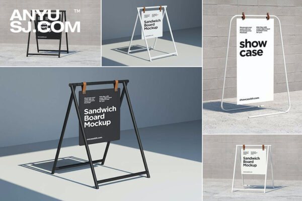 5款现代极简光影立牌广告牌易拉宝海报广告设计展示PSD样机Sandwich Board Signs Mockups Kit