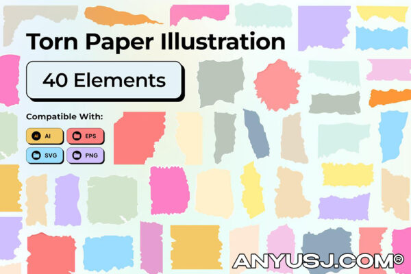 40款AI矢量撕纸纸条纸片标签笔记图形设计套装Torn Paper Elements