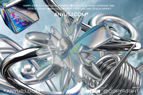 58款未来科幻3D立体渲染Y2K金属镀铬几何抽象艺术PNG免扣元素设计套装Y2K Chrome Elements-第5563期-
