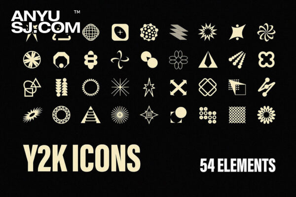 54款复古抽象Y2J几何独特AI矢量图形logo徽标图标插图设计套装Y2K Icons Collection