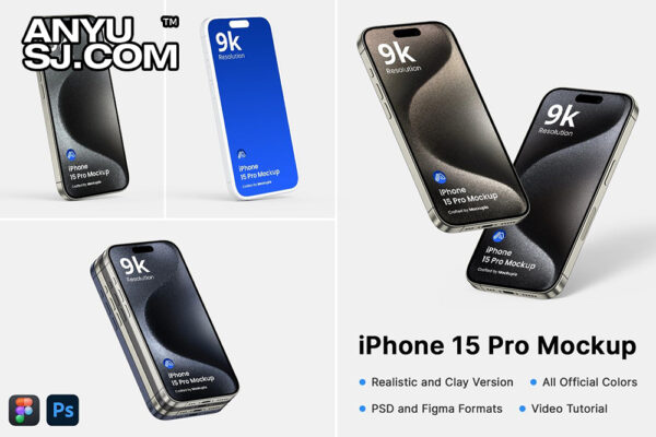 6款极简质感IPhone 15 Pro苹果手机UI设计APP展示PSD样机套装iPhone 15 Pro Realistic and Clay Mockup