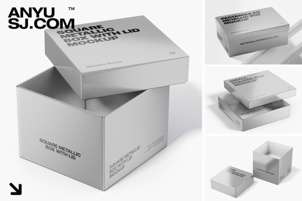 25款极简质感银色金属铝箔方形天地盒鞋盒礼盒纸盒礼品盒包装盒设计展示PSD样机套装Metallic Gift Box Mockup -第5542期-