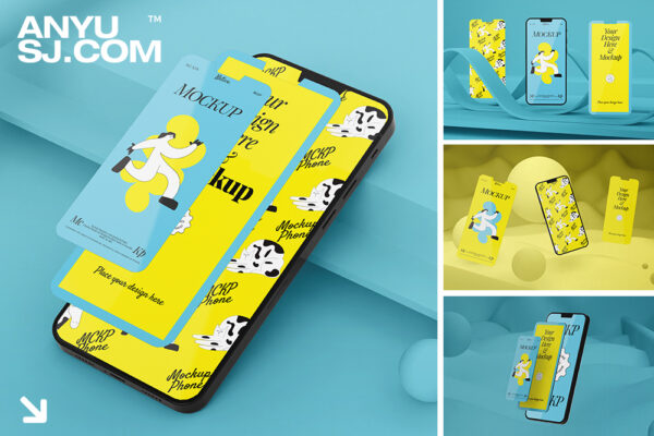 30款3D抽象几何元素背景IPhone手机UI界面APP设计展示作品集PSD样机套装-第5617期-