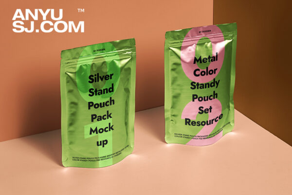 现代极简质感金属铝箔食品包装袋自封袋PSD外观设计展示样机Silver Stand Psd Pouch Packaging Mockup-第5750期-