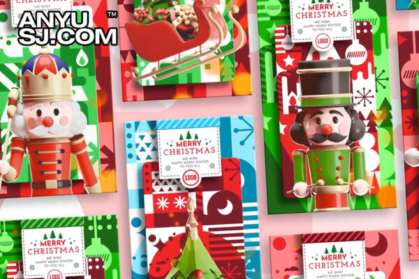 5款圣诞节3D趣味卡通立体风格垂直海报卡片海报动画插画AE模板3D Christmas Greeting Stories-第5717期-