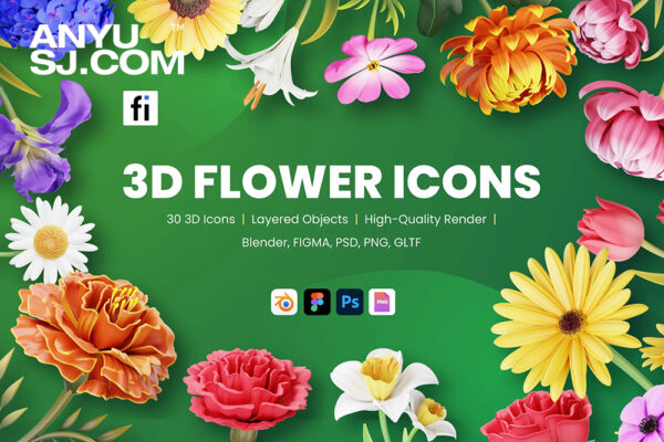 30款3D立体花朵花卉玫瑰向日葵紫罗兰莲花植物系列插画插图模型设计套装3D Flower Icon Set