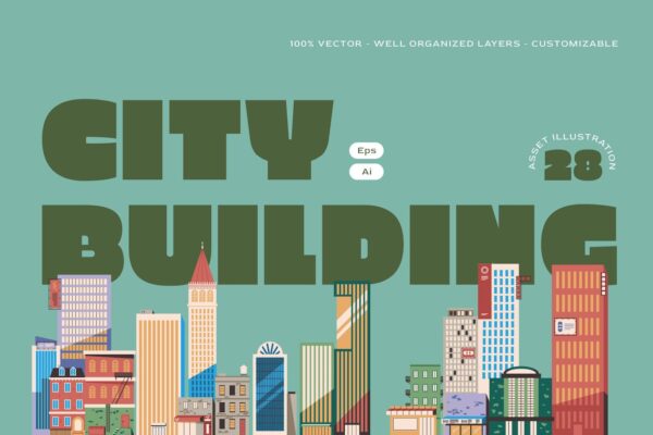 复古City Pop城市都市建筑高楼大厦AI矢量插画设计套装Green Flat City Building Asset Illustration