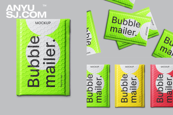 3款真实质感极简气泡膜快递袋包装袋纸袋PSD样机Bubble Mailer Mockups Pack