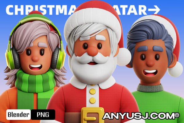 25款3D趣味卡通圣诞节青年人物男女圣诞老人头像半身像插画插图Blender设计套装Christmas Avatar 3D Icon Pack-第5798期-