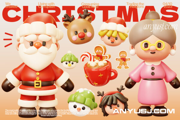 45款3D趣味可爱卡通立体圣诞节庆祝人物ip角色圣诞老人老奶奶插画插图PNG元素模型设计套装Christmas Character 3D Icon Pack-第5751期-