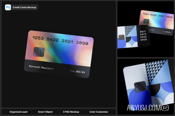 3款极简质感信用卡银行卡会员卡卡片设计展示PSD样机Credit Card Mockup