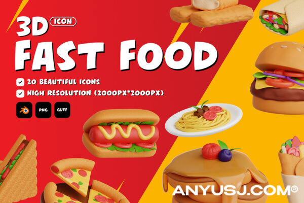 20款3D趣味卡通快餐食品汉堡披萨薯条意面图标icon插画插图模型设计套装Fast Food 3D Icon Set