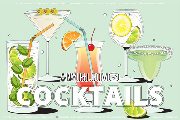 27款趣味夏季夏日冷饮鸡尾酒饮料渐变系列EPS矢量插画插图套装Fun Cocktails Vector Illustration-第5730期-