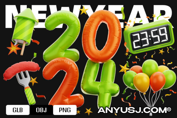 26款3D趣味卡通2024新年跨年新春节日庆祝插画元素插图PNG免扣模型设计套装Happy New Year 3D Icon Pack-第5779期-