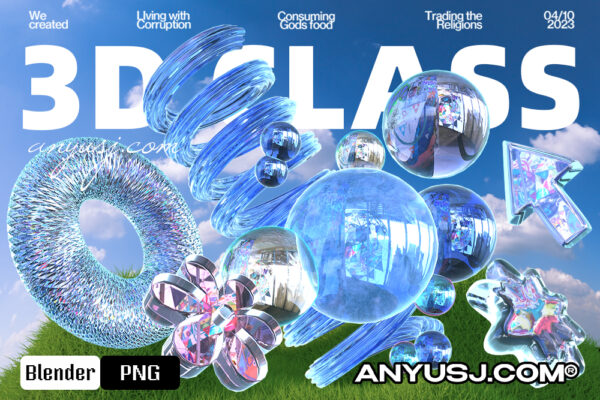 21款3D未来科幻全息玻璃水晶抽象几何元素形状插画Blender模型PNG元素设计套装Holographic Abstract Shapes 3D Icon Pack-第5837期-