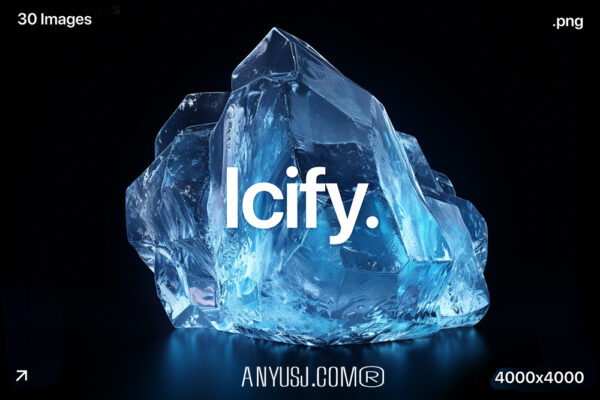 30款3D渲染透明蓝色能量晶体水晶石头玻璃冰块结晶冰晶4K高清免扣元素背景肌理图片壁纸设计套装Icify-第5731期-