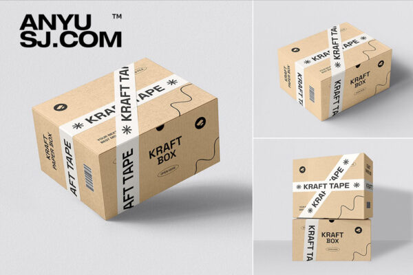 3款极简质感牛皮纸盒包装盒快递盒打包盒纸箱胶带封条PSD样机Kraft Box Packaging Mockup Set