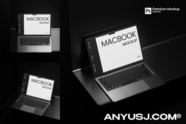 3款现代极简暗黑风笔记本电脑屏幕界面APP设计UI排版界面壁纸展示PSD样机Laptop Mockup