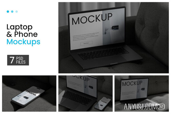 7款极简质感笔记本电脑手机UI设计APP应用界面UI设计壁纸桌面展示PSD样机套装Laptop & Phone Mockups