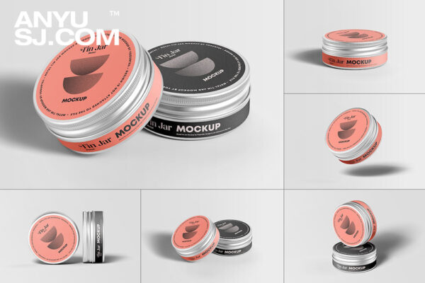 8款极简质感金属锡罐面霜面油护手霜包装盒设计展示PSD样机Metal Tin Jar Mock-up
