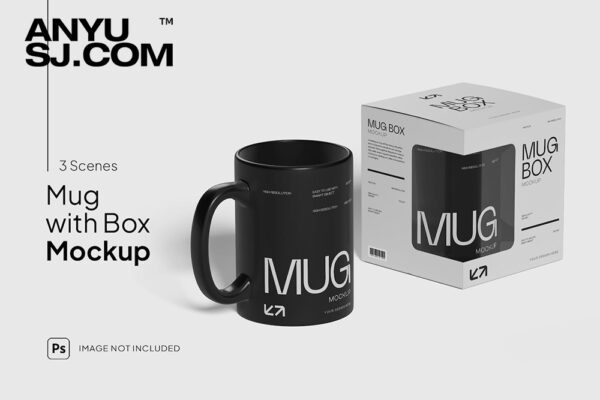 3款极简马克杯陶瓷杯水杯纸盒包装盒设计展示PSD样机Mug with Box Mockup