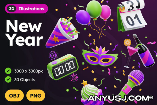 30款3D新年2024过年跨年派对庆祝晚会标题元素PNG免扣插画插图模型设计套装New Year 3D Illustrations-第5791期-