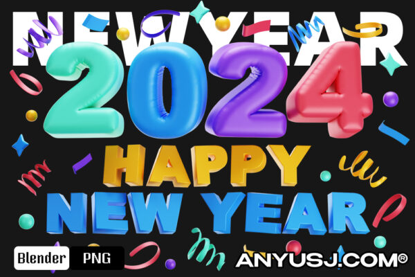20款3D立体趣味2024跨年新年派对晚会活动庆祝图标插画插图PNG免扣元素模型设计套装New Year Party 3D Icon Pack-第5761期-