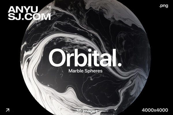 30款3D渲染黑白抽象艺术大理石球体星球天体行星背景壁纸桌面图片设计套装Orbital – Marble Spheres-第5771期-