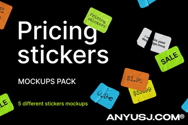 5款复古逼真撕裂褶皱标签贴纸logo徽标设计展示PSD样机Pricing Stickers Mockups Pack