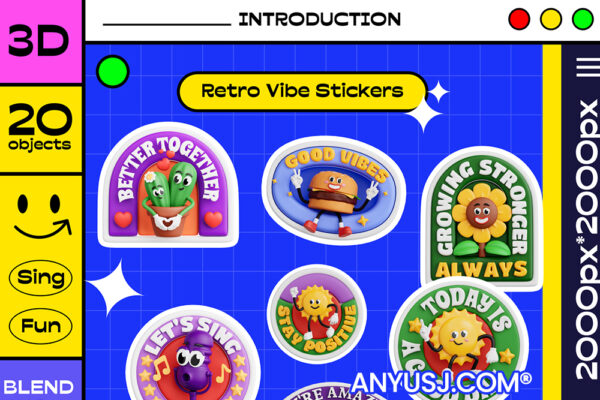 20款复古趣味卡通3D立体拟人徽标图标插画模型套装Retro Vibe Stickers 3D-第5664期-