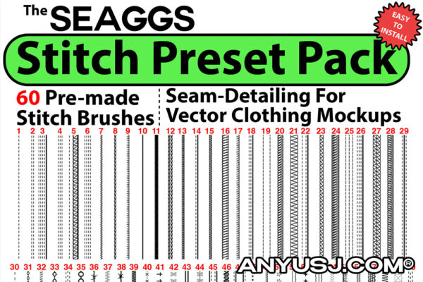 60款AI手工针线缝线针脚接缝针迹服装设计矢量绘画笔刷套装SEAGGS VECTOR STITCH PRESETS-第5706期-