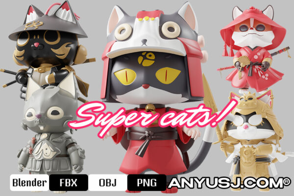 10款3D趣味卡通日本武士Super猫咪手办插画插图模型设计套装Samurai Super Cats Characters 3D Illustration Pack-第5803期-