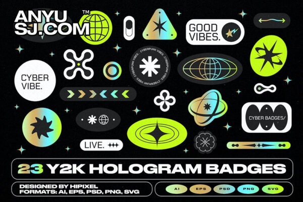 23款趣味复古Y2K全息徽标徽章贴纸logo图标AI矢量设计套装Y2K Hologram Badge Stickers