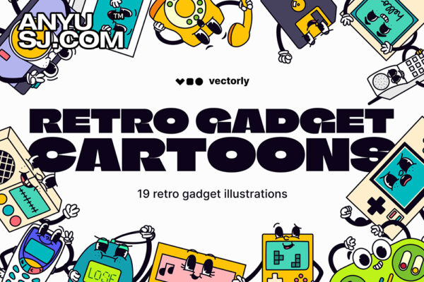 19款复古Y2K卡通趣味90年代游戏机电脑数码拟人插画插图贴纸矢量设计套装Retro Gadget Cartoons Illustrations-第5842期-