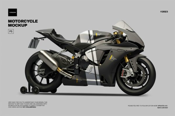 质感帅气摩托车机车机身贴花设计展示PSD样机Motorcycle Mockup