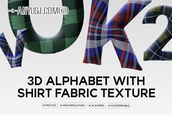 36款3D立体格子衬衫面料大写英文字母数字PNG免扣设计元素装饰字体套装3D Alphabet with Shirt Fabric Texture
