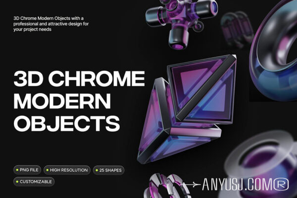 25款3D立体抽象黑色镀铬几何艺术PNG免扣设计元素3D Black Chrome Shape Elements