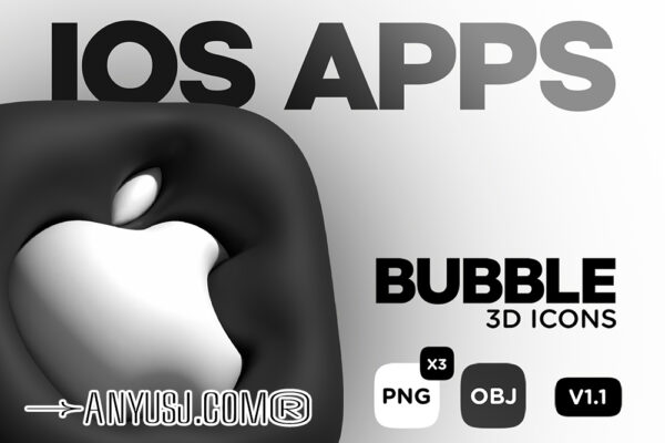 20款3D趣味IOS苹果系统立体膨胀Icon图标插画PNG模型设计套装3D Bubble Pack – IOS Applications icons – OBJ