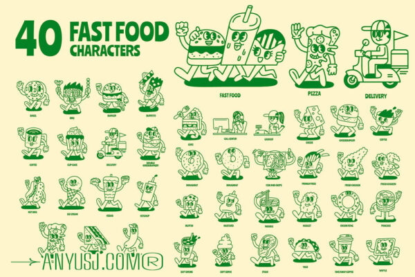 40款复古可爱卡通美式快餐系列拟人人物形象IP角色插画插图AI矢量设计套装40 Fast Food Characters Design-第5939期-