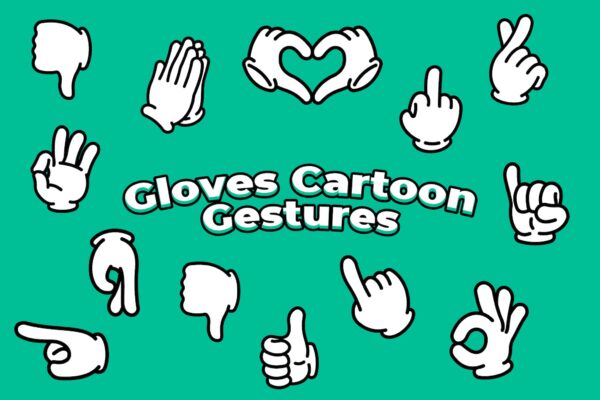 复古趣味卡通手势手套爱心OK完美AI矢量插画插图PNG免扣元素套装Cartoon Gloves Gestures Vol.2
