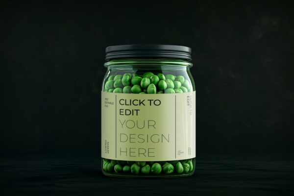 极简质感豌豆罐玻璃罐标签包装设计PSD样机Pea Jar Mockup