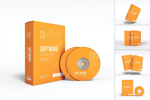 5款极简软件数码产品光盘CD刻录盘纸盒包装盒设计展示PSD样机Software Box and Compact Disk Mockup Set