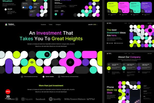 20款现代金融投资商业项目业务说明PPT幻灯片模板Radiant – PowerPoint/Google Slides /  Keynote Investment Deck