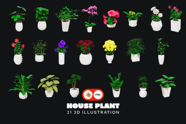 21款3D室内盆栽植物景观花朵花卉PNG插画插图3D模型设计套装House Plant Illustration 3D Pack