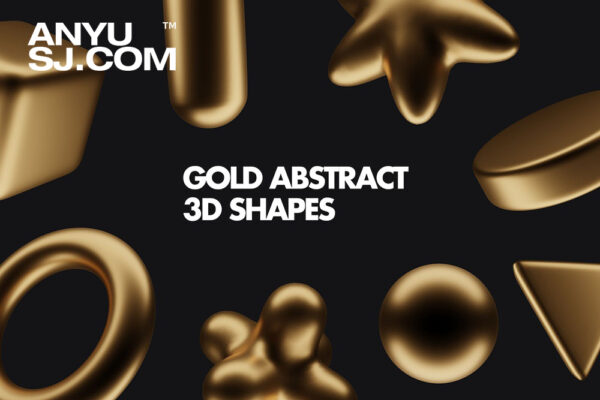 8款3D立体金色金属镀铬几何抽象艺术PNG免扣元素套装Abstract gold 3d shapes