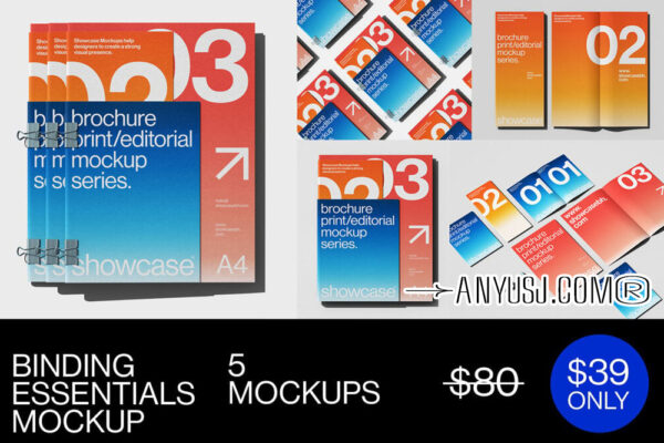 5款极简质感书籍画册笔记本单页折页明信片卡片文创VI品牌PSD样机套装Binding Essentials Mockup Series by Showcase-第6008期-